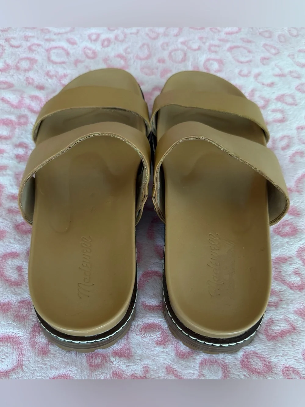 Madewell The Charley Double-Strap Camel Brown Leather Slide Sandals Size: 8.5